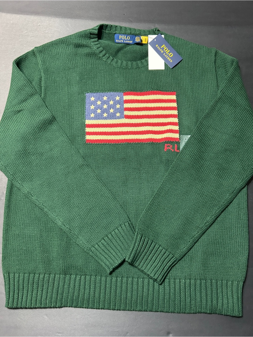 Ralph Lauren men’s Green Crewneck Sweater with Embroidered American Flag